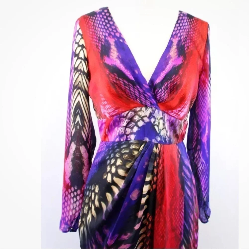 Boston Proper Mirrored Anaconda Maxi low cut &slit Dress, faux wrap women’s 2 - Picture 3 of 9